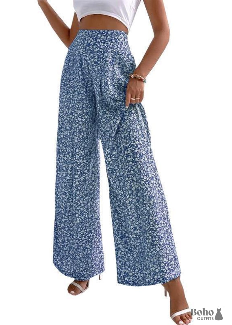 Boho Retro Wide-leg Pants Tiffany - Blue / S