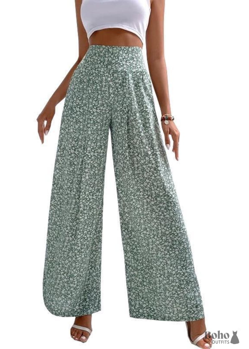 Boho Retro Wide-leg Pants Tiffany - Green / S