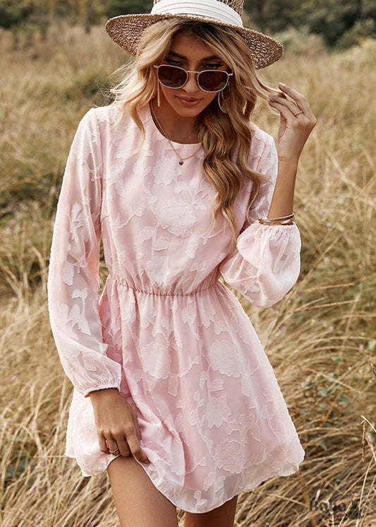 Boho Round Neck Long Sleeve Mini Dress - S / Pink - Dresses