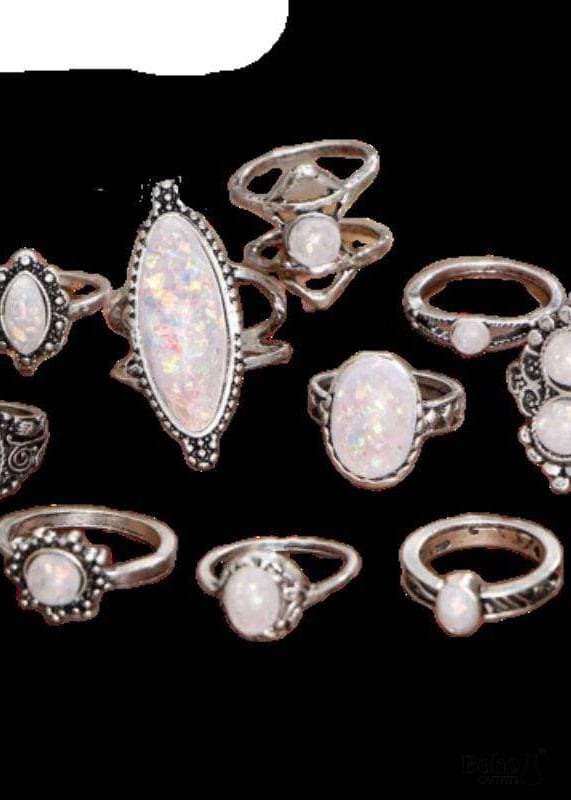 Boho Silver Rings Set Opal Alessandra - SILVER - OPAL -