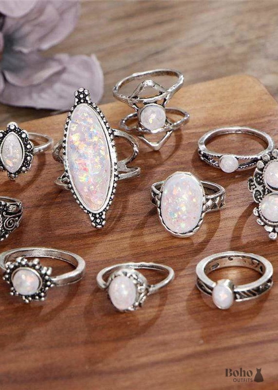 Boho Silver Rings Set Opal Alessandra - SILVER - OPAL -