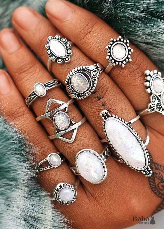 Boho Silver Rings Set Opal Alessandra - SILVER - OPAL -