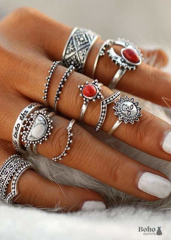 Boho Silver Rings Set Ruby Miracle - Jewelry