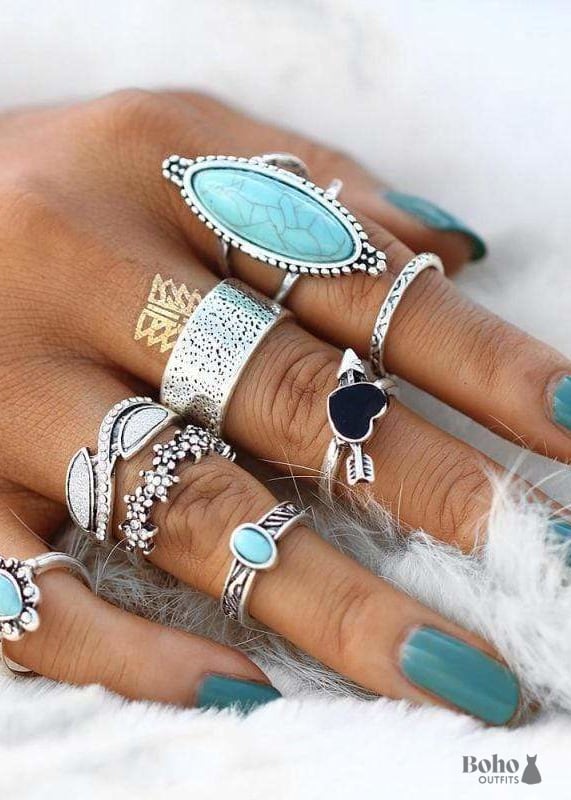 Boho Silver Rings Set Turquoise Allie - Jewelry