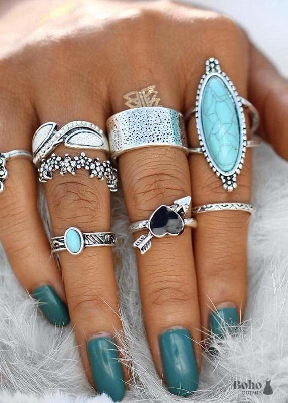 Boho Silver Rings Set Turquoise Allie - Jewelry