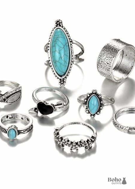 Boho Silver Rings Set Turquoise Allie - Jewelry