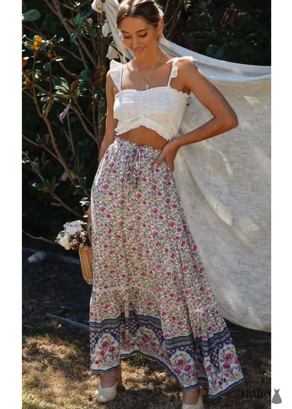 Boho Skirts in Floral Rosa Off White For Women - Clothing