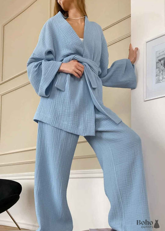 Boho Sleepwear Pajamas Set Emily Cotton in Blue and Navy