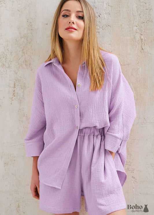 Boho Sleepwear Pajamas Set Lucy Cotton in Pink and Purple -