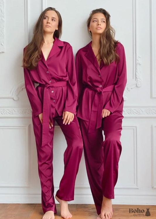 Boho Sleepwear Pajamas Set PJ Satin Francine in Red - L - &