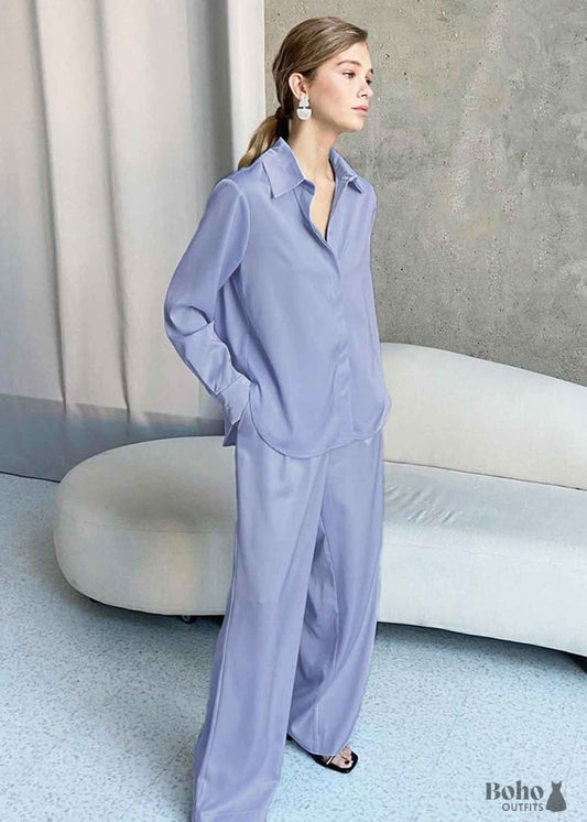 Boho Sleepwear Pajamas Set PJ Satin Lucy in Blue - &