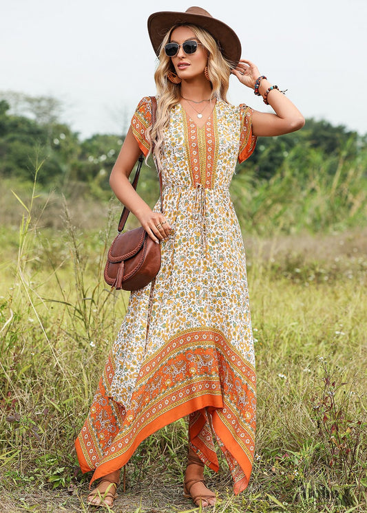 Boho V-Neck Floral Maxi Dress Riley - S / Orange - Clothing