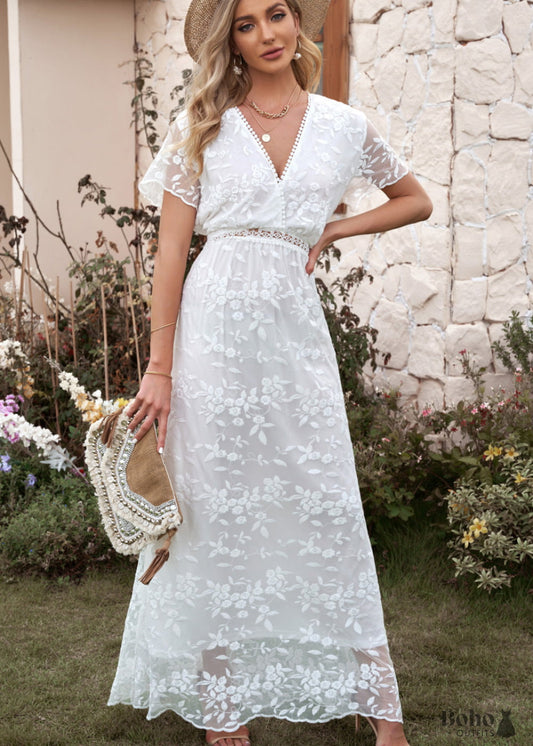 Boho White Floral Lace Dress Emma - Dresses