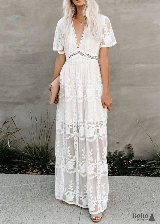 Boho White Lace Maxi Dress Natalia - white / S - Dresses