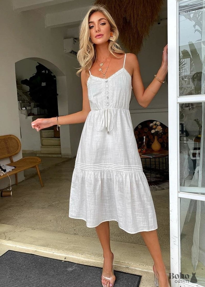 Boho White Midi Dress Nylah - S Dresses