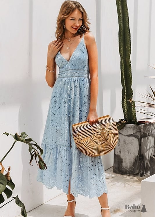 Dusty Blue Boho Midi Dress - Dresses