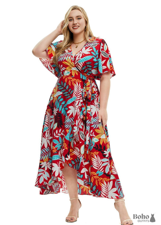 Plus Size Boho Wrap Maxi Dress Ryleigh - XL / Red - Dresses