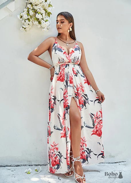 Plus Size Lace-Up Boho Floral Maxi Dress Athena - white / XL