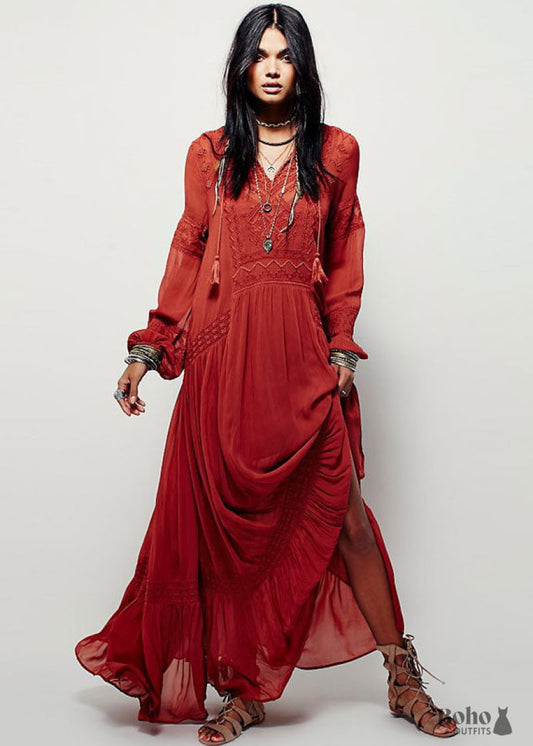 Red Long Sleeves Boho Maxi Dress Jordyn - S - Dresses