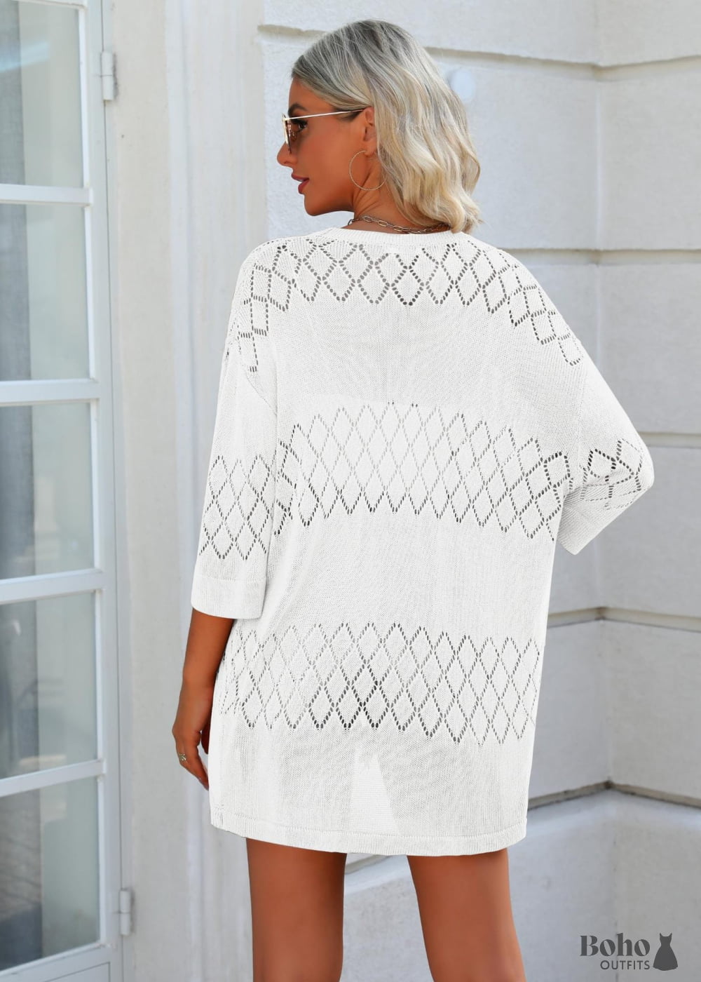 Summer Knit 3/4 Sleeves White Boho Cardigan