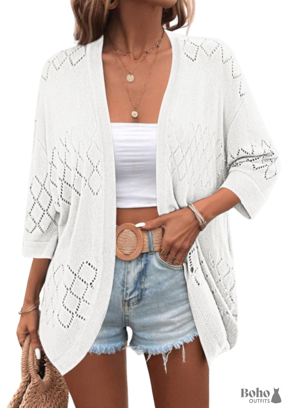 Summer Knit 3/4 Sleeves White Boho Cardigan