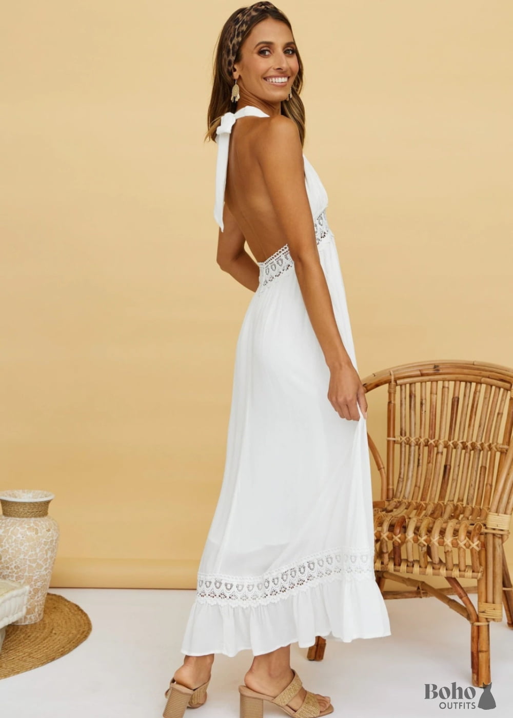 Tie-Up Lace White Boho Maxi Dress Shimmi - Dresses