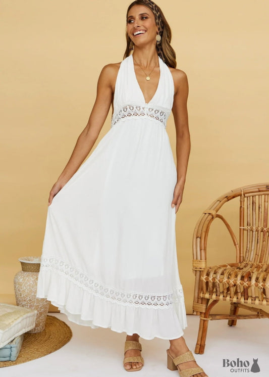 Tie-Up Lace White Boho Maxi Dress Shimmi - white / S