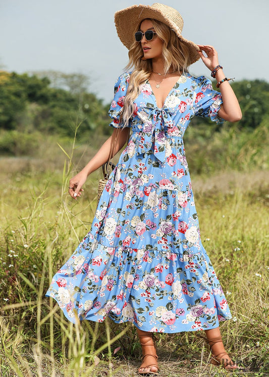 V-neck Boho Floral Maxi Dress Blakely - S / Blue - Clothing