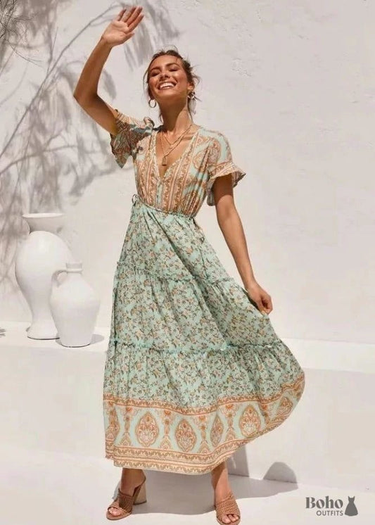 V-Neck Floral Boho Maxi Dress Catalina - Green / S - Dresses