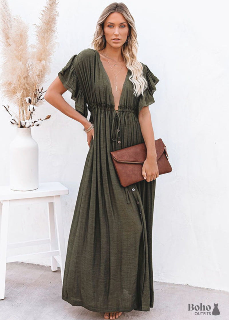 White Boho Maxi Dress Enjoli - Green / One Size - Dresses