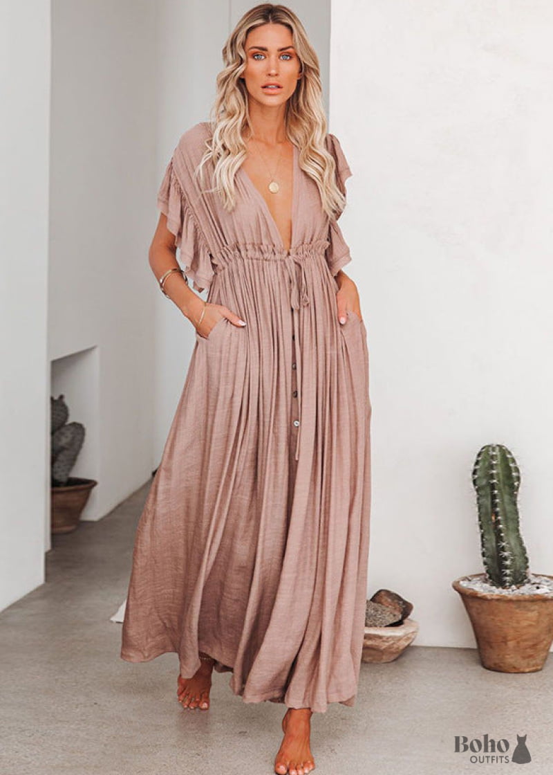 White Boho Maxi Dress Enjoli - Khaki / One Size - Dresses